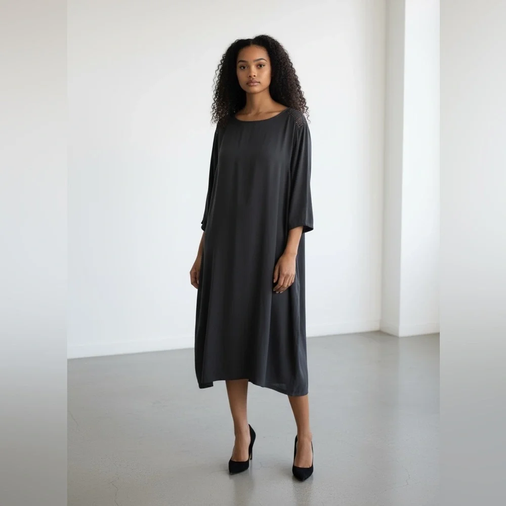 EILEEN FISHER 1X 100% silk ladies black long sleeve cocktail dress great cond - Picture 9 of 9